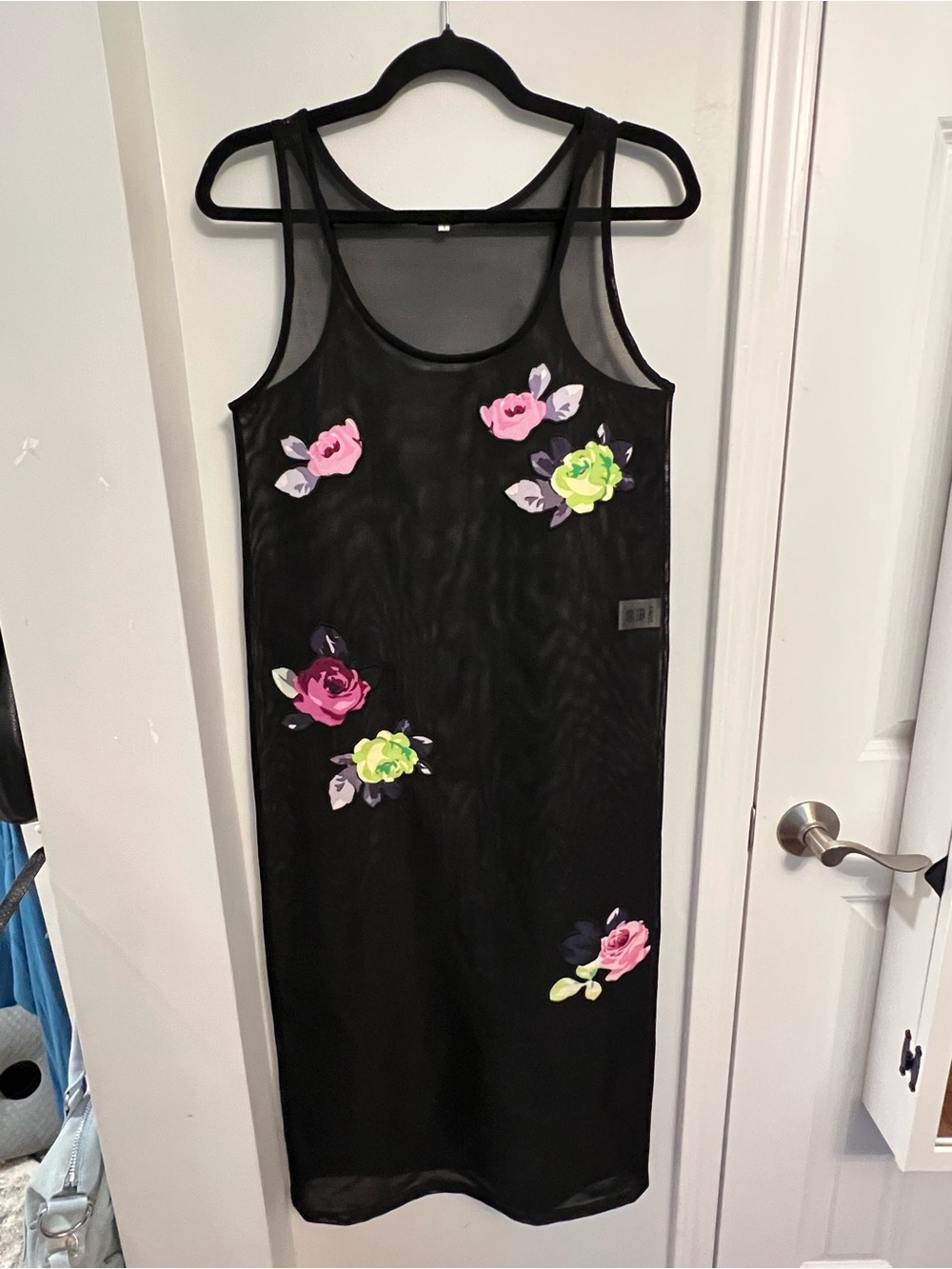 Carven Floral Appliqué Black Mesh Sleeveless Dress; size small